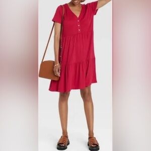 Knox Rose Women's Short Sleeve Henley A-Line Tiered Dress Red Size M